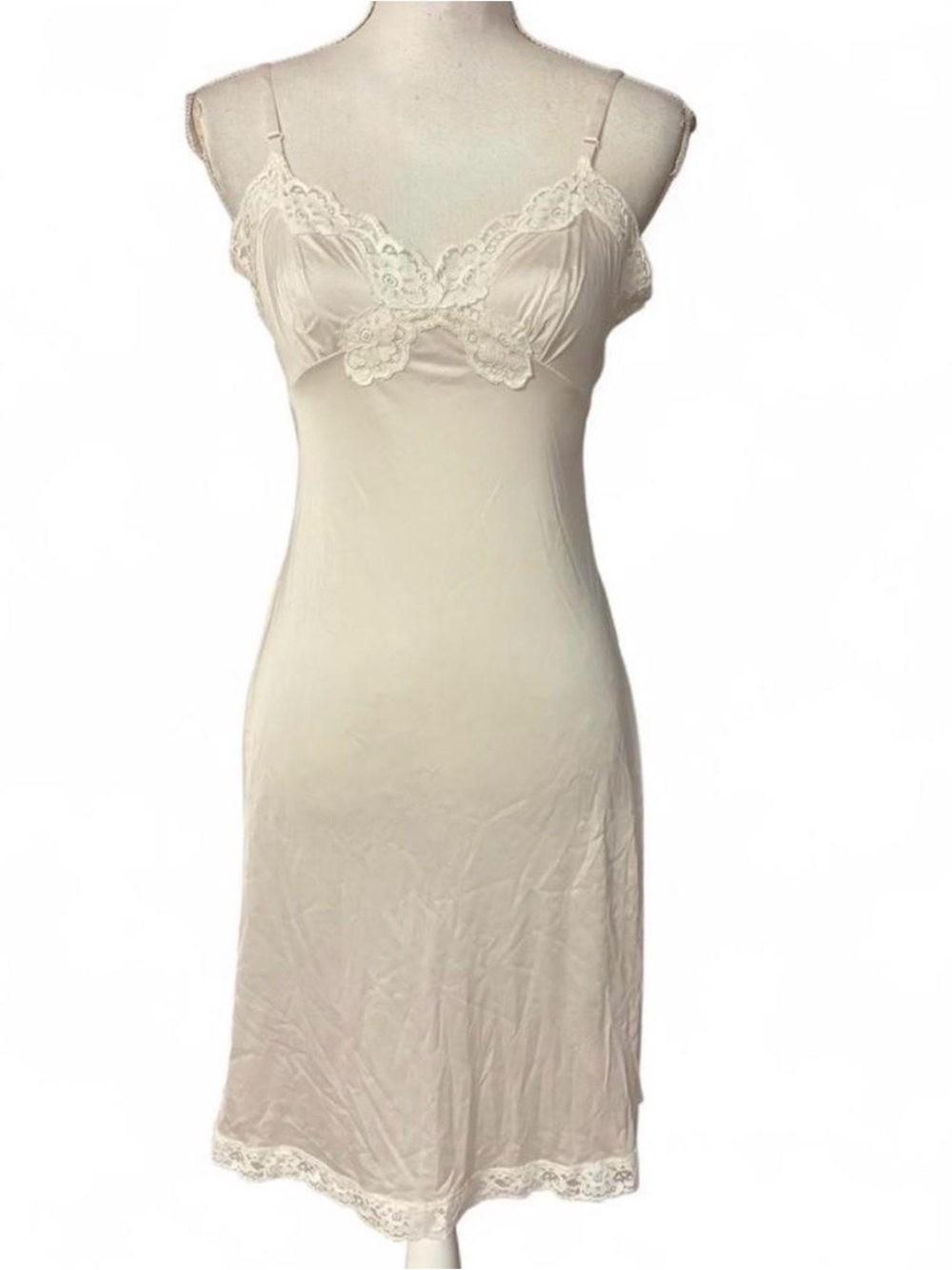 Vintage White Lace Satin Slip Dress Adjustable Straps Size S/M? *Flaw*